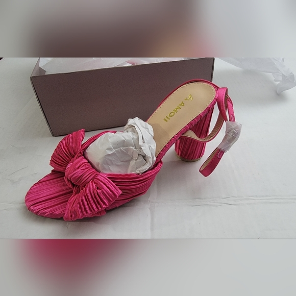 Amoji Women's Fushia Block Heeled 3.7" Sandal Bowknot, Sz 40 / 8.5US - Picture 3 of 5